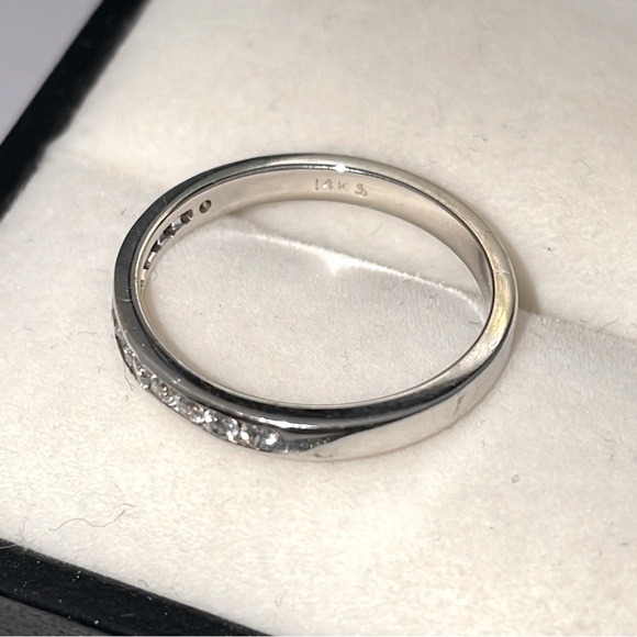 Solid Stamped 14K White Gold Natural Diamond Semi Eternity Band Ring Stackable - Picture 8 of 13